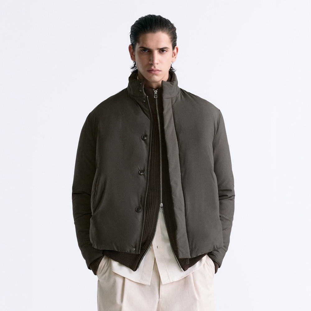 Zara Men's Light Puffer Jacket in Warm Gray